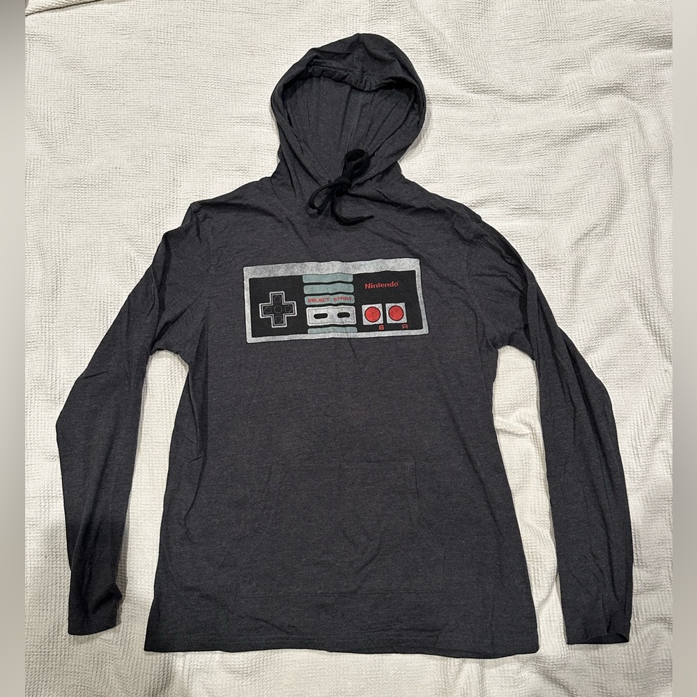 Nintendo Gray Long Sleeve with hood and kangaroo pocket basically a thin hoodie